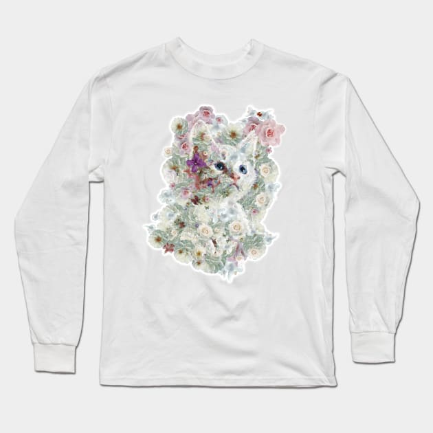 Discover. White kitten in flower garden Long Sleeve T-Shirt by Ariela-Alez